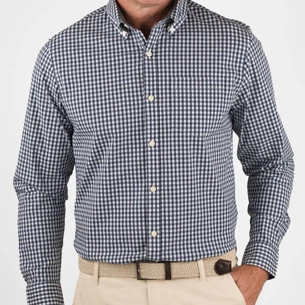 Tailor Vintage Navy Gingham Check Men's Long Sleeve Stretch Poplin Shirt-M,NWT